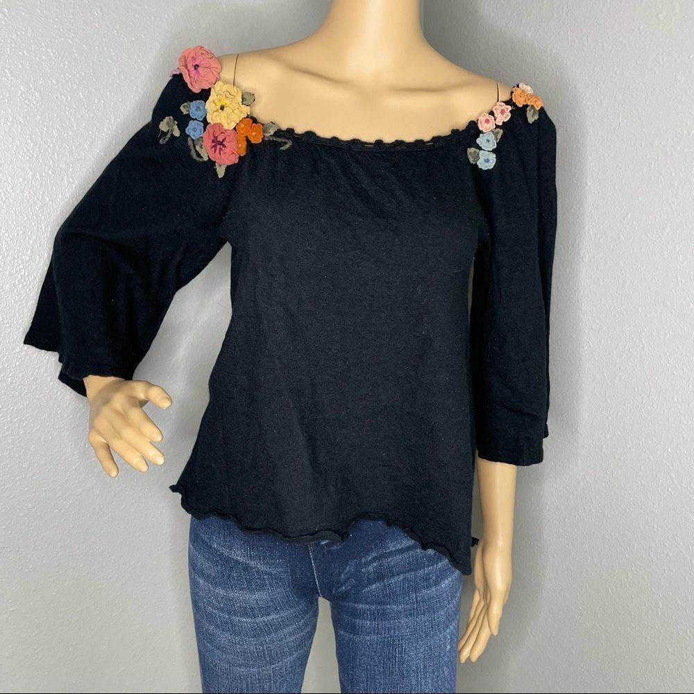 Moth for Anthropologie 3/4 Sleeve Black Wool Blend Blouse Floral Appliqué Detail